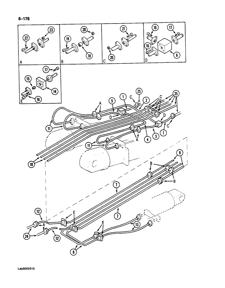 Схема запчастей Case 125B - (8-176) - BOOM, ARM, AND TOOL CYLINDER CIRCUITS, IF USED, TUBES AT REHANDLING BOOM (08) - HYDRAULICS