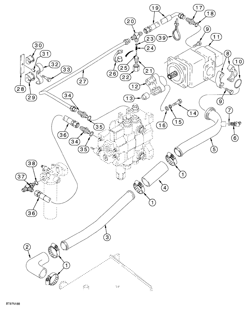 Схема запчастей Case 580SL - (8-002) - EQUIPMENT HYD SYSTEM, RESERVOIR TO LOADER CONTROL & LOADER VALVE TO FILTER, W/SPLIT FLANGE AT PUMP (08) - HYDRAULICS