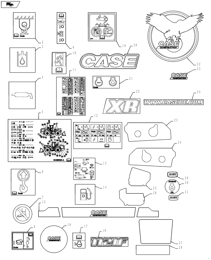 Схема запчастей Case 1121F - (90.108.01) - DECALS, COMMON TO MODEL (90) - PLATFORM, CAB, BODYWORK AND DECALS