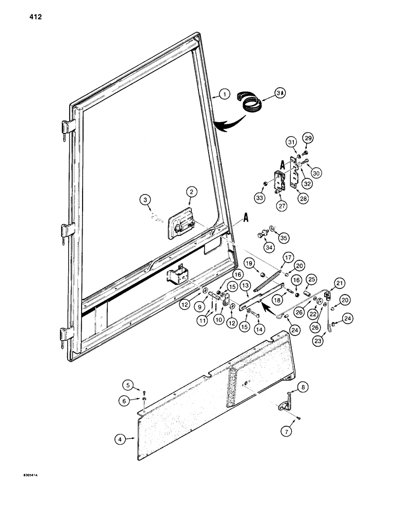 Схема запчастей Case 880C - (412) - CAB DOOR ASSEMBLY, PIN 6205416 AND AFTER (05) - UPPERSTRUCTURE CHASSIS