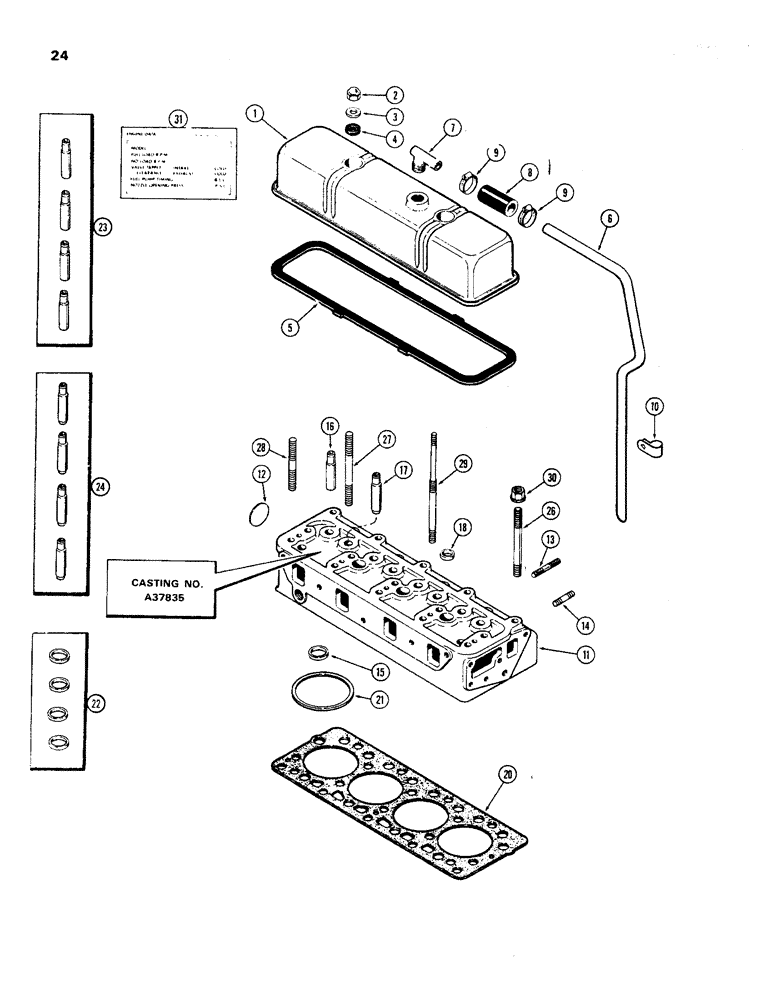 Схема запчастей Case 450 - (024) - CYLINDER HEAD AND COVER, (188) DIESEL ENGINE, 1ST USED ENG. S.N. 2627377 (01) - ENGINE