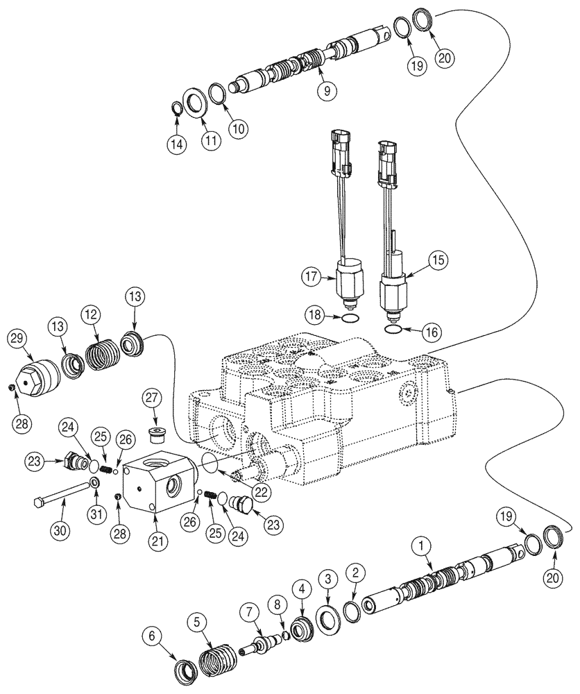 Схема запчастей Case 90XT - (08-20) - VALVE ASSEMBLY, CONTROL SPOOLS AND DETENTS, LOADER, N.A. MODELS JAF0320050-, EUR. MODELS JAF0274262- (08) - HYDRAULICS