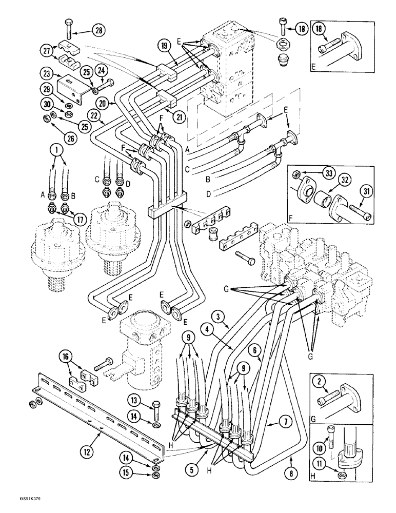 Схема запчастей Case 170C - (8-058) - HYDRAULIC CIRCUIT FROM MAIN CONTROL VALVES, TO SWIVEL, SWING MOTORS & CYLINDERS,P.I.N. 74501 - 74644 (08) - HYDRAULICS