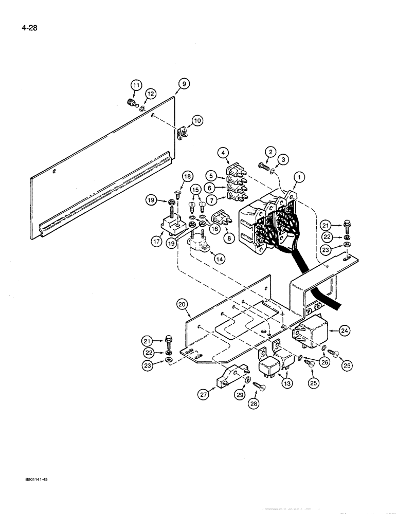 Схема запчастей Case 621 - (4-28) - CANOPY HARNESS, OPERATORS COMPARTMENT, POWER DISTRIBUTION CENTER, PRIOR TO P.I.N. JAK0027512 (04) - ELECTRICAL SYSTEMS