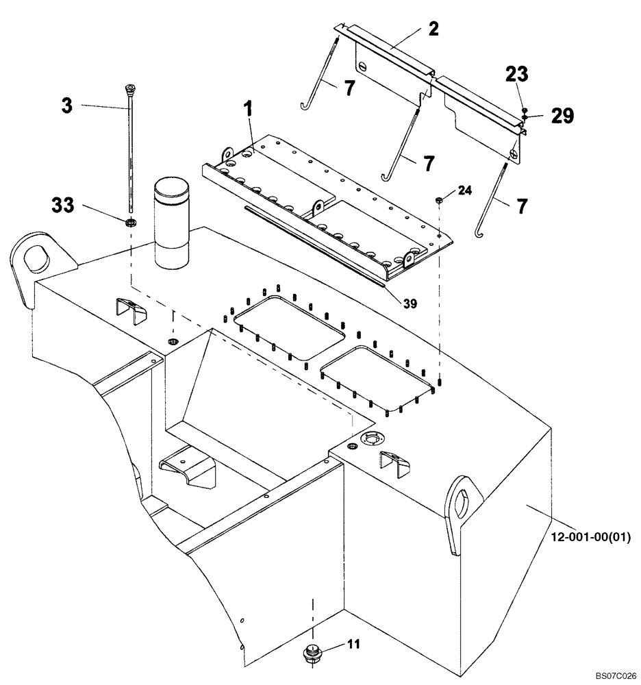 Схема запчастей Case SV210 - (12-001-00[03]) - BATTERY HOLD DOWN & FUEL TANK PARTS (GROUP 473) (ND131884) (09) - CHASSIS/ATTACHMENTS