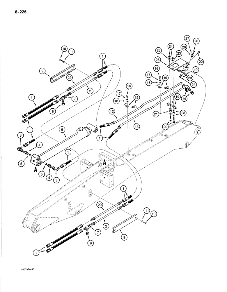 Схема запчастей Case 1187B - (8-226) - TOOL CYLINDER AND FELLER BUNCHER HYDRAULIC CIRCUITS, TUBES AT ARM (08) - HYDRAULICS