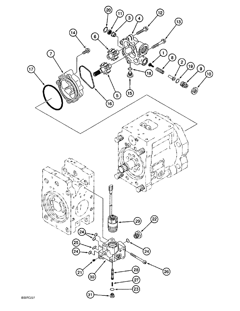 Схема запчастей Case 9030B - (8-124) - PILOT GEAR PUMP & PROPORTIONING VALVE, 159817A1 OR 162219A1 HYDRAULIC PUMPS, 163659A1 GEAR PUMP ASSY (08) - HYDRAULICS