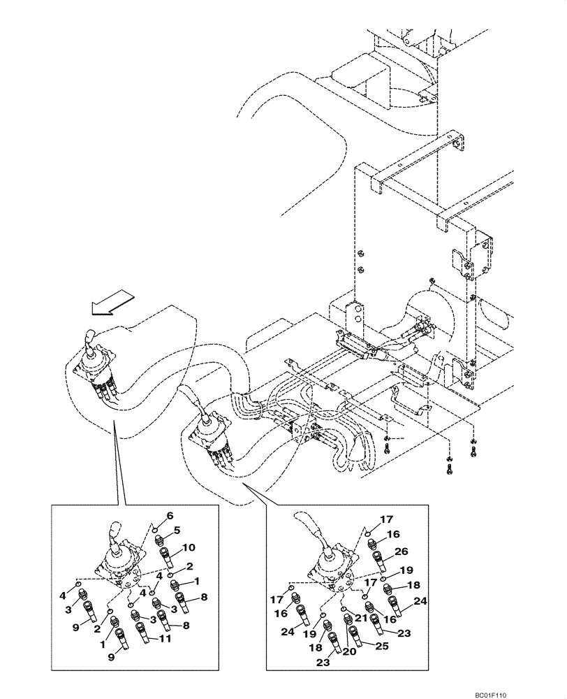 Схема запчастей Case CX800 - (08-33) - PILOT CONTROL LINES, ATTACHMENT - MODELS WITH LOAD HOLD (08) - HYDRAULICS