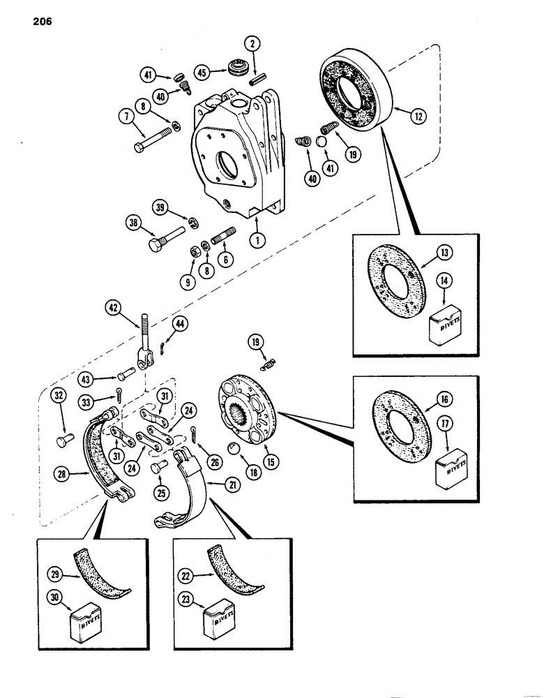 Схема запчастей Case 480D - (206) - DIFFERENTIAL BRAKE HOUSING AND BRAKE, TRANSAXLE, PRIOR TO TRANSMISSION S/N 16270319 (33) - BRAKES & CONTROLS