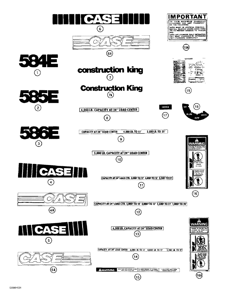 Схема запчастей Case 585E - (9-152) - DECALS, MODELS WITH DUAL LIFT CYLINDER MASTS, WITH OR WITHOUT 31 DEGREE FORWARD MAST TILT (09) - CHASSIS/ATTACHMENTS