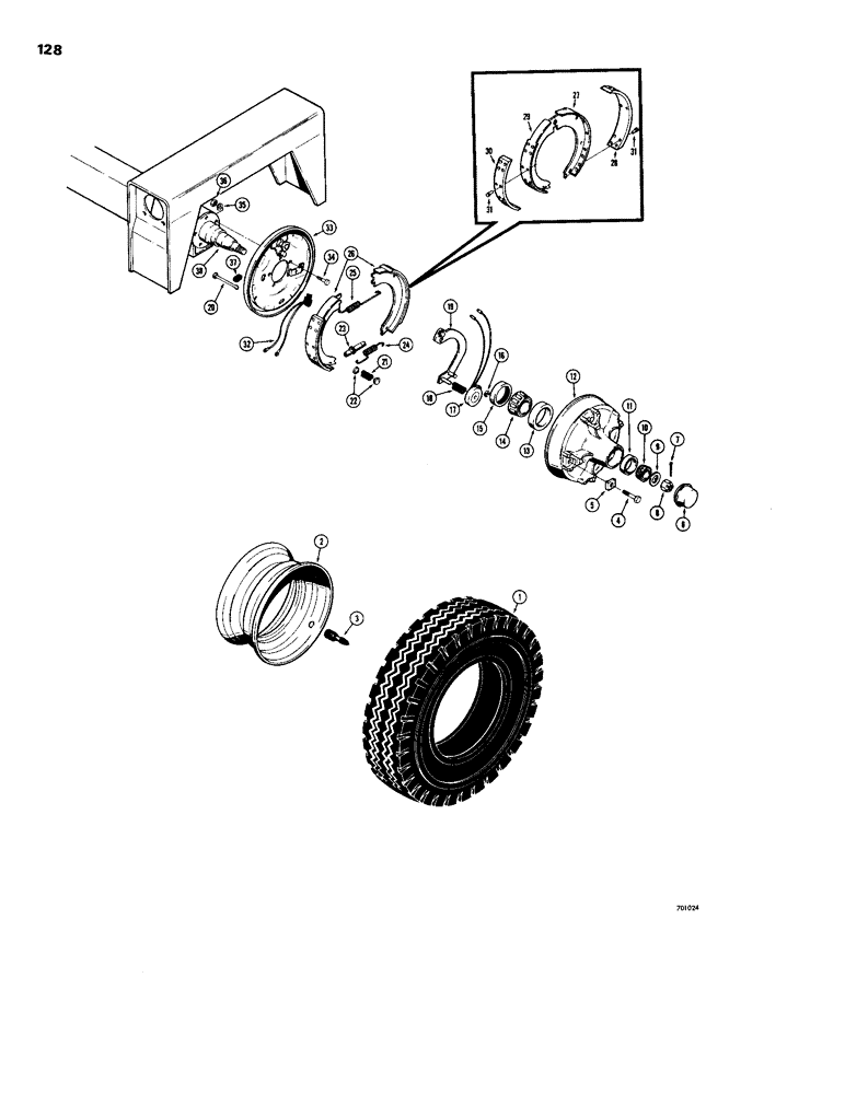 Схема запчастей Case 26B - (128) - TRANS-PAC TRAILER, WHEEL ASSEMBLY AND BRAKES 