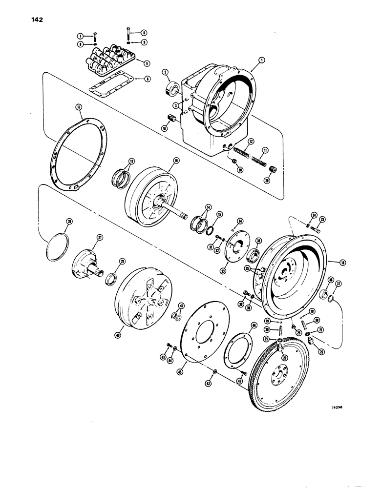 Схема запчастей Case 680E - (142) - TRANSMISSION, TORQUE CONVERTER HOUSING AND PUMP, BEFORE TRANSMISSION S/N 75001 (21) - TRANSMISSION