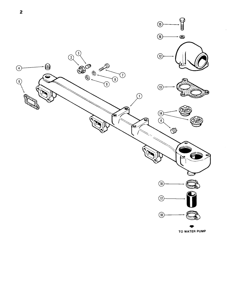 Схема запчастей Case 980B - (002) - WATER MANIFOLD AND THERMOSTAT, 504BDT DIESEL ENGINE (01) - ENGINE