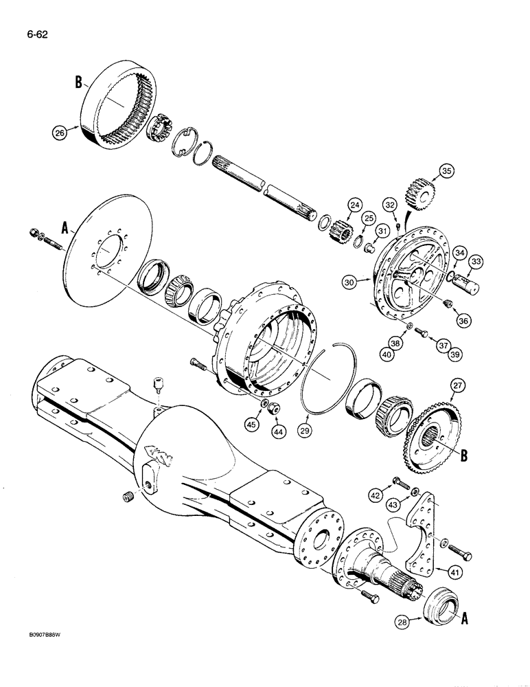 Схема запчастей Case 621 - (6-62) - FRONT AXLE HOUSING AND PLANETARY (06) - POWER TRAIN