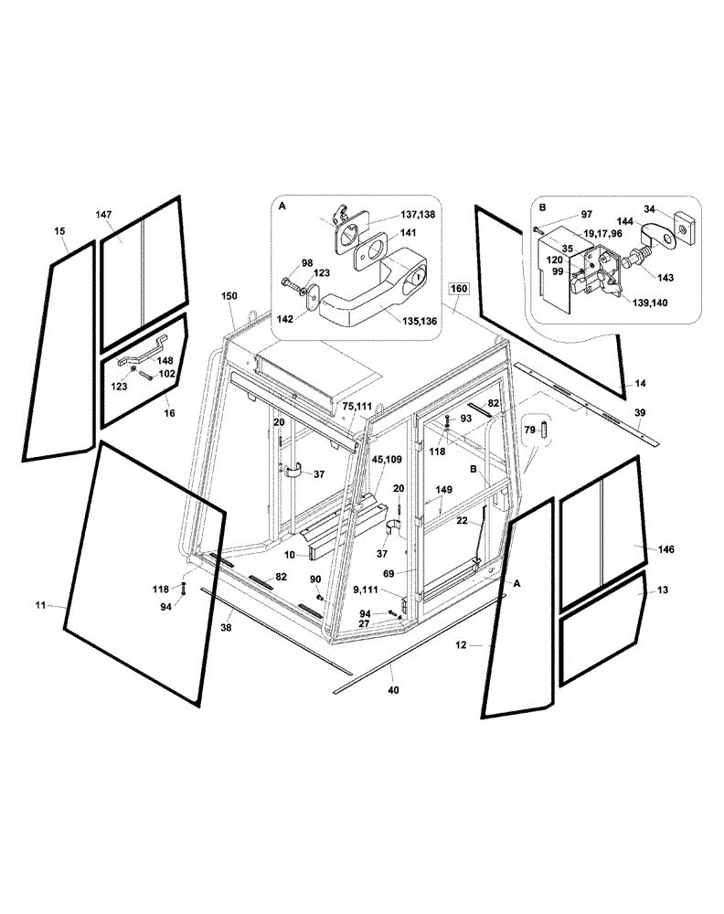 Схема запчастей Case SV216 - (90.154.01) - GLASS AND DOOR PARTS, CAB (GROUP 165) (ND001506-A) (90) - PLATFORM, CAB, BODYWORK AND DECALS