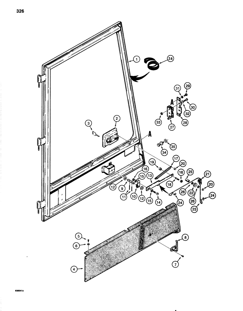 Схема запчастей Case 1080 - (326) - CAB DOOR ASSEMBLY, BEFORE CAB SERIAL NUMBER 334940 (90) - PLATFORM, CAB, BODYWORK AND DECALS