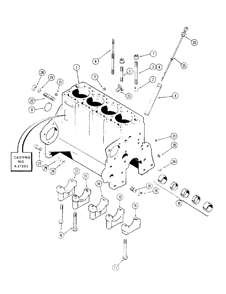 Схема запчастей Case 310G - (029C) - CYLINDER BLOCK ASSEMBLY, (188) DIESEL ENGINE, CASTING NO. A37205 (01) - ENGINE