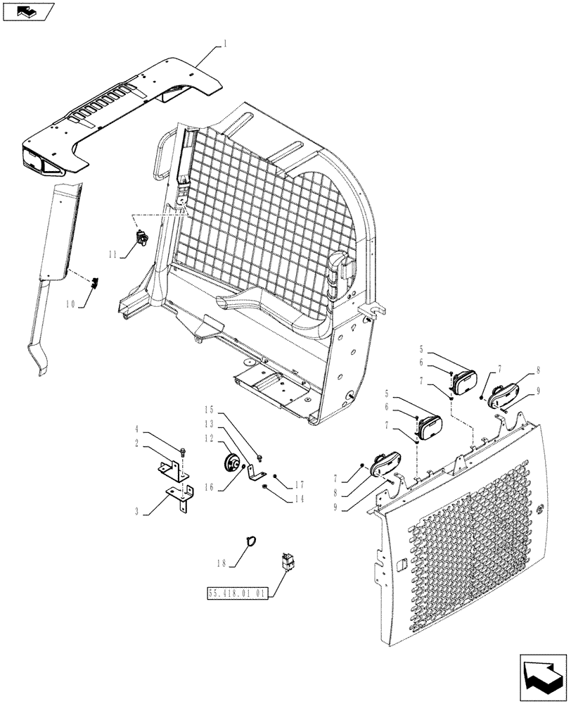 Схема запчастей Case SR150 - (55.408.AG[01]) - WORKLIGHTS, HORN AND RELATED PARTS (SR130,SR150) (55) - ELECTRICAL SYSTEMS