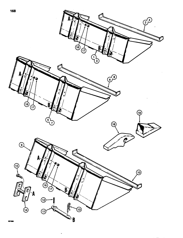 Схема запчастей Case 1835 - (168) - BUCKETS, 3" CUTTING EDGE, DIRT BUCKTS, UTLY BCKTS, LT MATRL BCKT, LDR ATTCH BAR MTING, BCKT TEETH (09) - CHASSIS/ATTACHMENTS