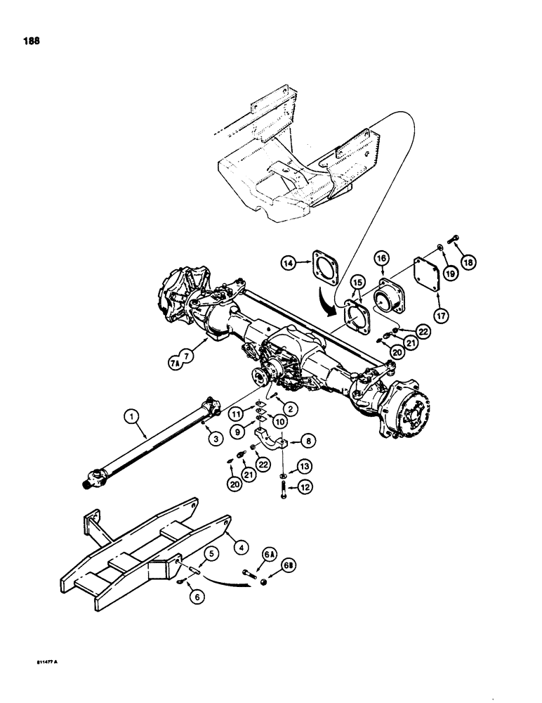 Схема запчастей Case 580D - (188) - FRONT DRIVE AXLE MOUNTING AND DRIVE SHAFT (06) - POWER TRAIN