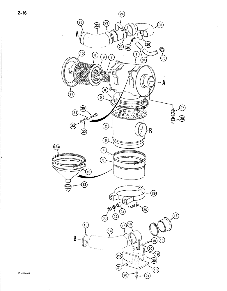 Схема запчастей Case 170B - (2-16) - AIR CLEANER AND AIR INTAKE PARTS, OPTIONAL HEAVY DUTY - USED W/ PRECLEANER, P.I.N. 74364 THRU 74456 (02) - ENGINE