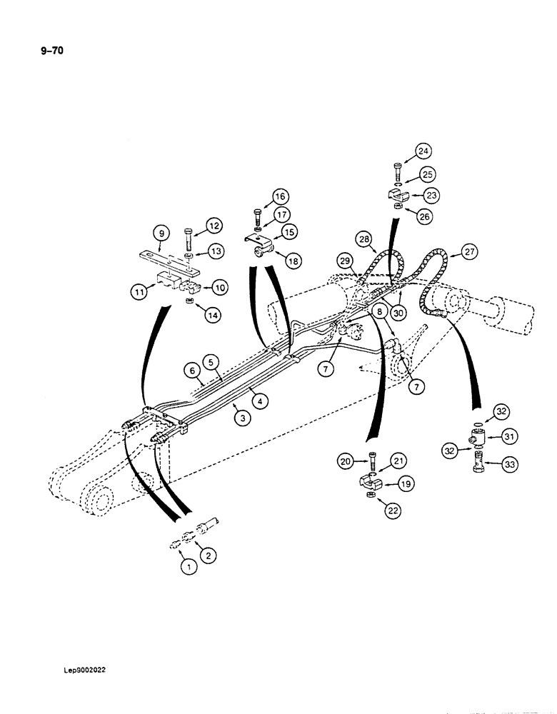 Схема запчастей Case 125B - (9-070) - ARM LUBRICATION LINES, USED ON UNITS W/ 2.5 M ARM, P.I.N. 21807, 21808, 21810-21868, 26801 & AFT (09) - CHASSIS