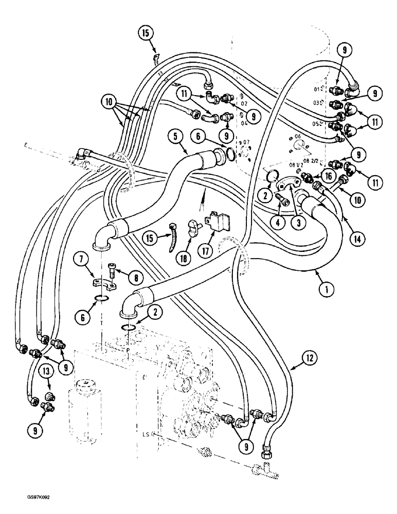 Схема запчастей Case 888 - (7-04) - PRESSURE AND RETURN LINE, TO DRIVE CONTROL VALVE, P.I.N. 15401 AND AFTER (07) - BRAKES