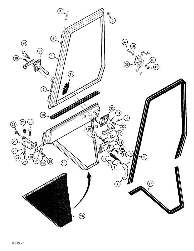 Схема запчастей Case 480F - (9-128) - CAB DOOR AND LEFT-HAND WINDOW (09) - CHASSIS/ATTACHMENTS