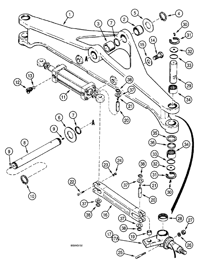 Схема запчастей Case 580L - (5-14) - FRONT AXLE AND SPINDLES, TWO WHEEL DRIVE MODELS (05) - STEERING