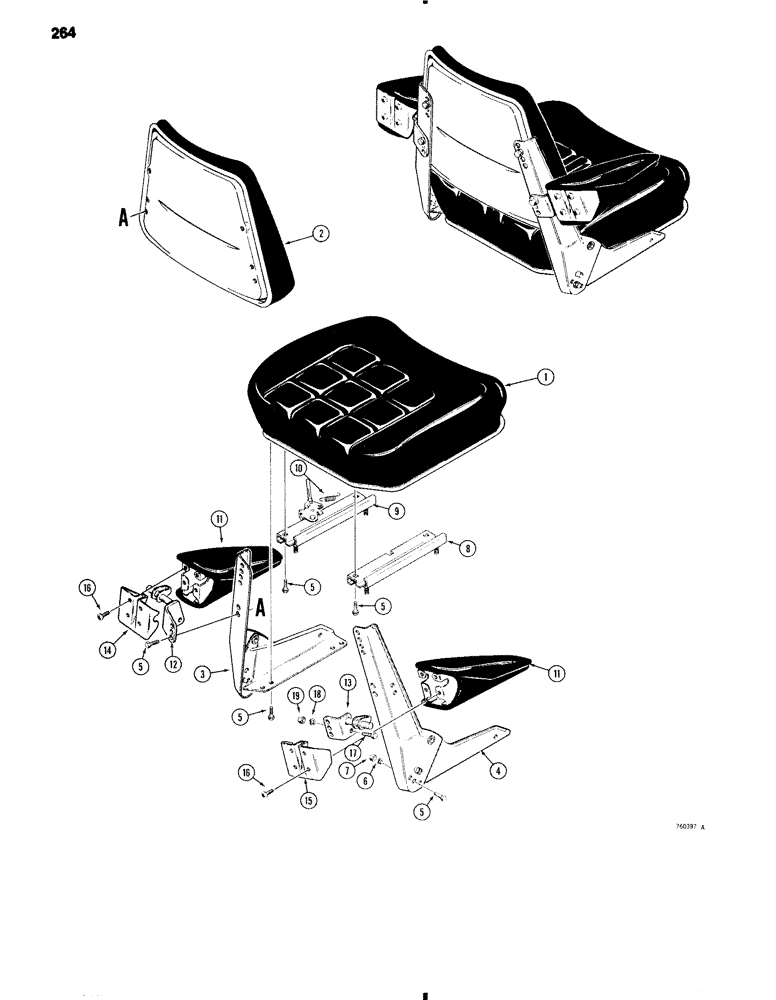 Схема запчастей Case 584C - (264) - SEAT AND ARMRESTS, *WITH SIDE ADJUSTMENT LEVER (90) - PLATFORM, CAB, BODYWORK AND DECALS