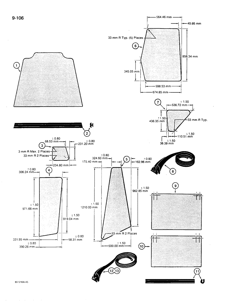 Схема запчастей Case 780D - (9-106) - CAB GLASS - METRIC DIMENSIONS (09) - CHASSIS/ATTACHMENTS