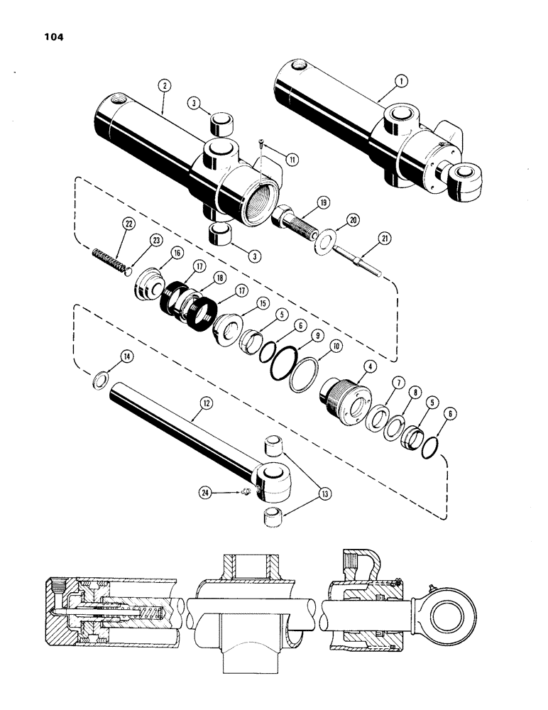 Схема запчастей Case 33 - (104) - D49006 & D49007 SWING CYL 4" DIA CYL W/11"STROKE W/SPLIT TYPE INNER & OUTER WIPERS W/O GLAND ID RING 