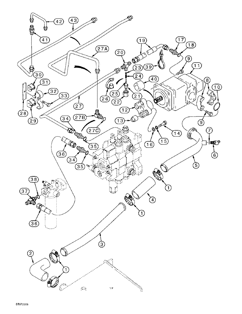 Схема запчастей Case 590L - (8-002) - EQUIPMENT HYDRAULIC SYSTEM, RESERVOIR TO LOADER CONTROL VALVE AND LOADER VALVE TO FILTER (08) - HYDRAULICS