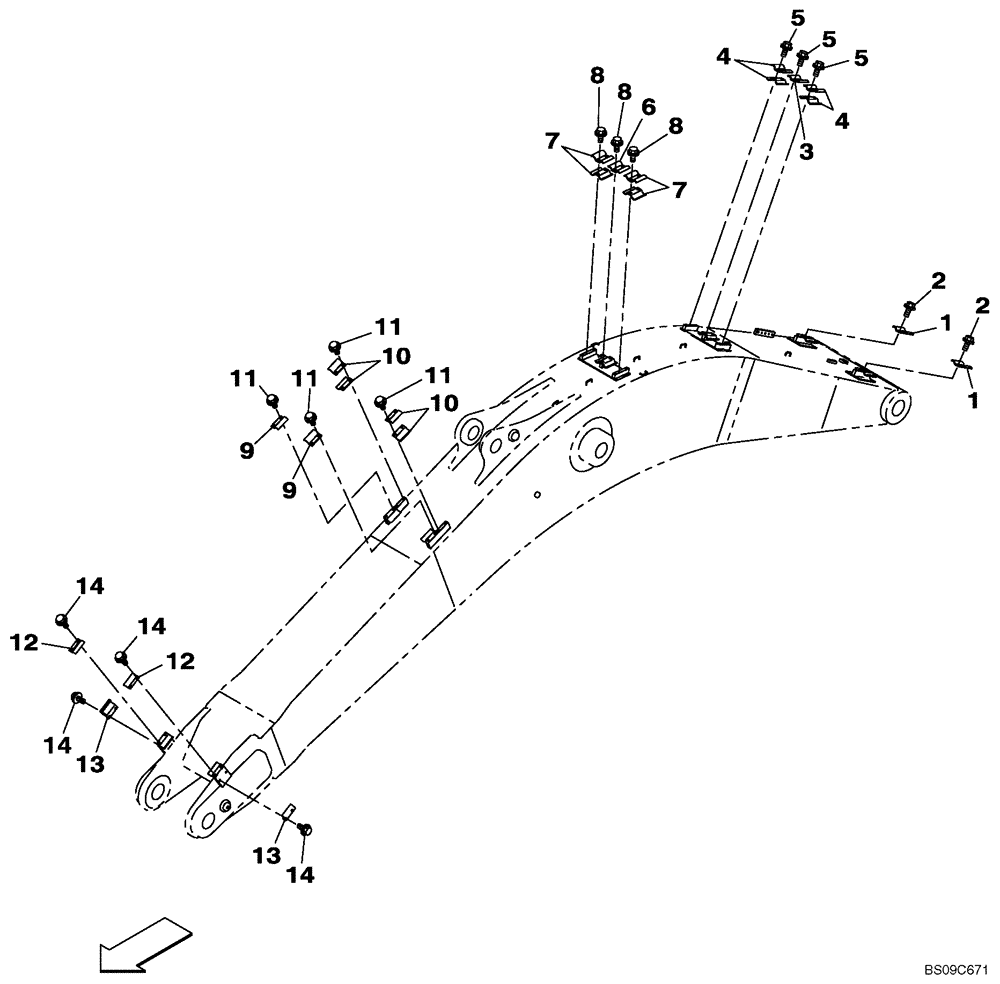 Схема запчастей Case CX350B - (09-70) - CLAMPS - BOOM (6.45 M) - OPTIONAL (09) - CHASSIS