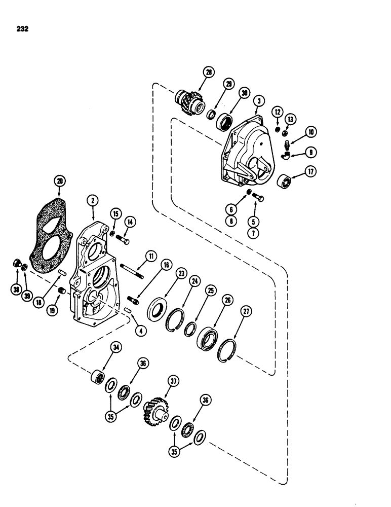 Схема запчастей Case 580SD - (232) - TRANSAXLE TRANSFER GEAR BOX, FOUR WHEEL DRIVE (06) - POWER TRAIN