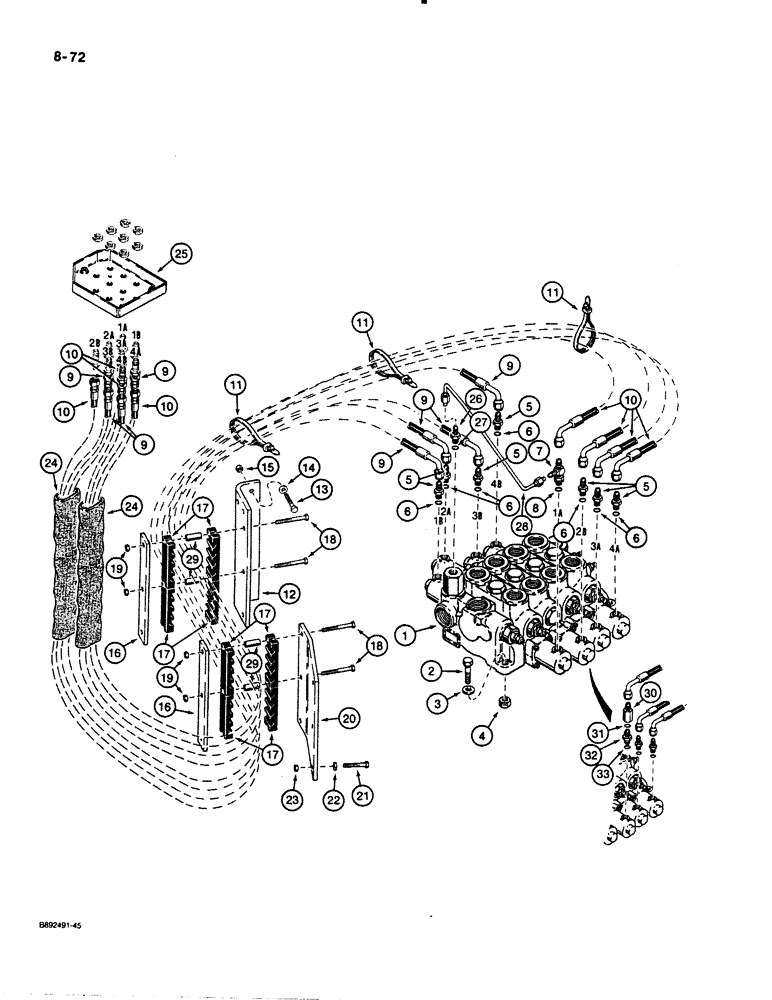 Схема запчастей Case 621 - (8-72) - REMOTE LOADER CONTROL CIRCUIT, HOSE SEPARATOR TO FOUR SPOOL VALVE (08) - HYDRAULICS