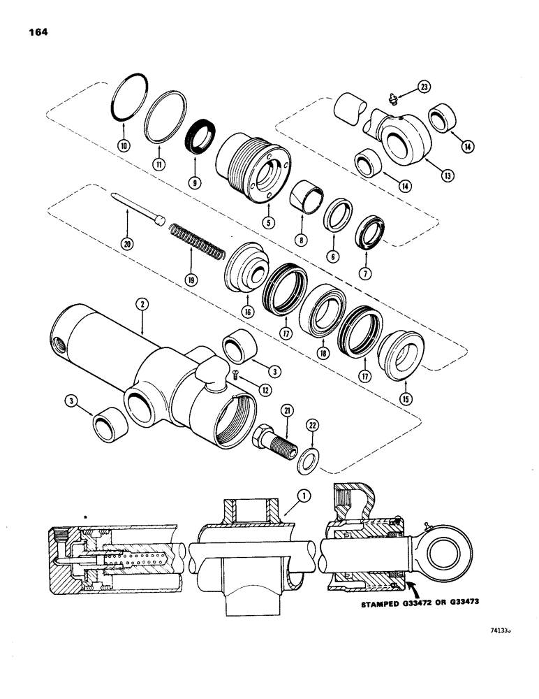 Схема запчастей Case 26S - (164) - G33472 AND G33473 SWING CYLINDERS, GLAND IS STAMPED WITH CYLINDER PART NUMBER 