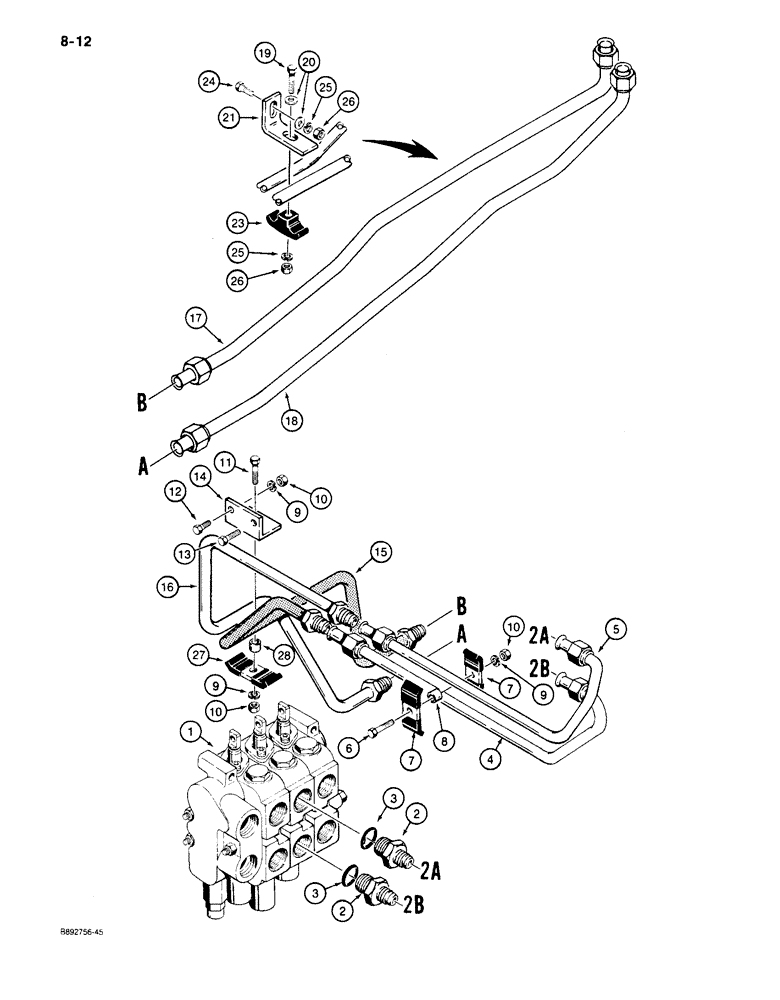 Схема запчастей Case 650 - (8-12) - DOZER LIFT HYDRAULIC CIRCUIT, CONTROL VALVE TO CROSSOVER TUBES (08) - HYDRAULICS