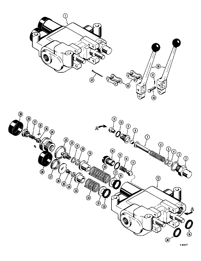 Схема запчастей Case 23 - (074) - D28489 LOADER CONTROL VALVE AND LEVERS 