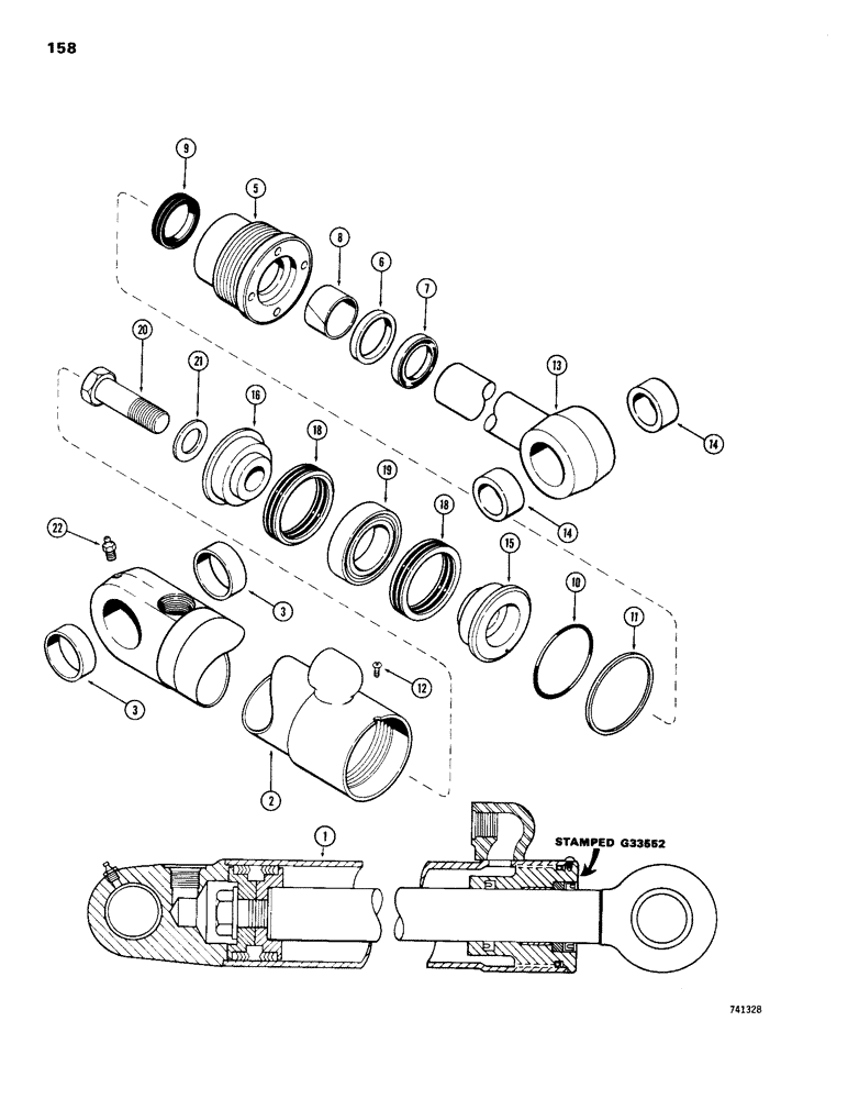 Схема запчастей Case 26S - (158) - G33552 STABILIZER CYLINDER, GLAND IS STAMPED WITH CYLINDER PART NUMBER 