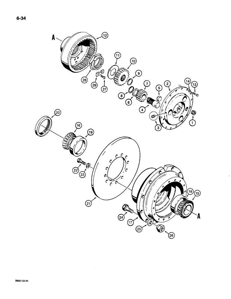 Схема запчастей Case 1085C - (6-34) - FRONT STEERING AXLE, PLANETARY AND HUBS (06) - POWER TRAIN