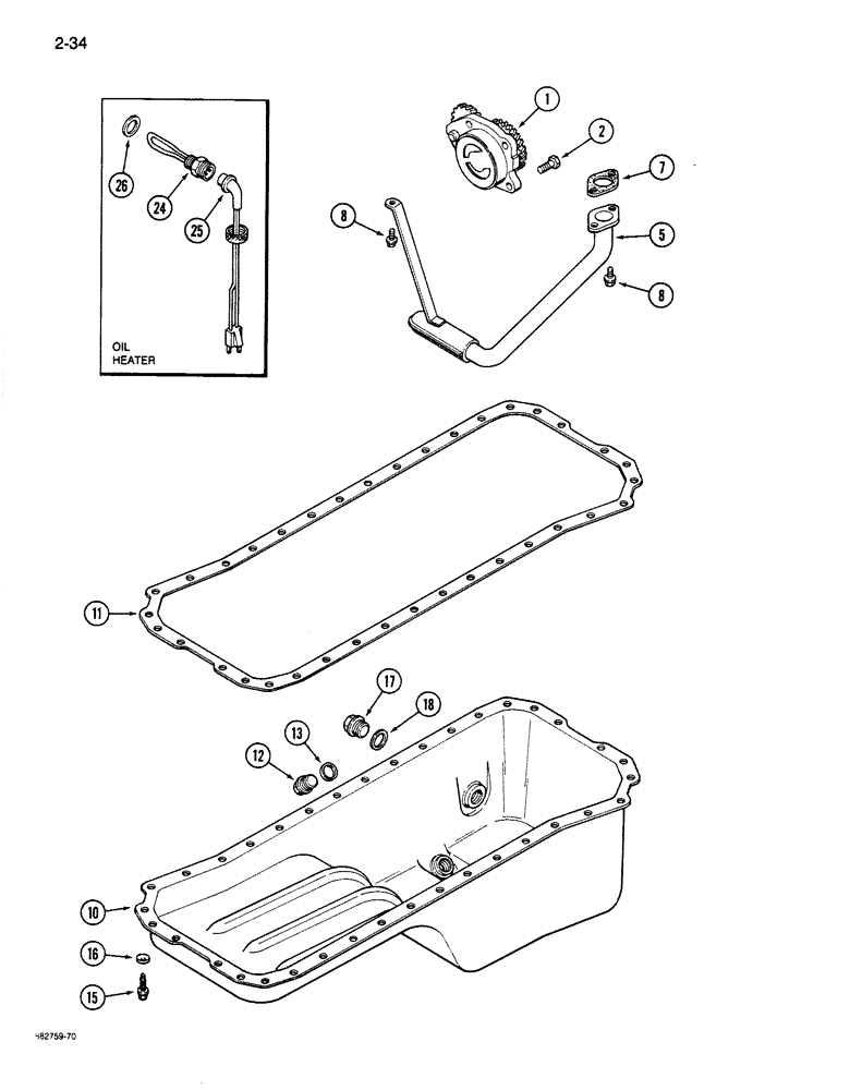 Схема запчастей Case 680K - (2-34) - OIL PUMP AND OIL PAN, 6-590 ENGINE, ENGINE OIL HEATER (02) - ENGINE