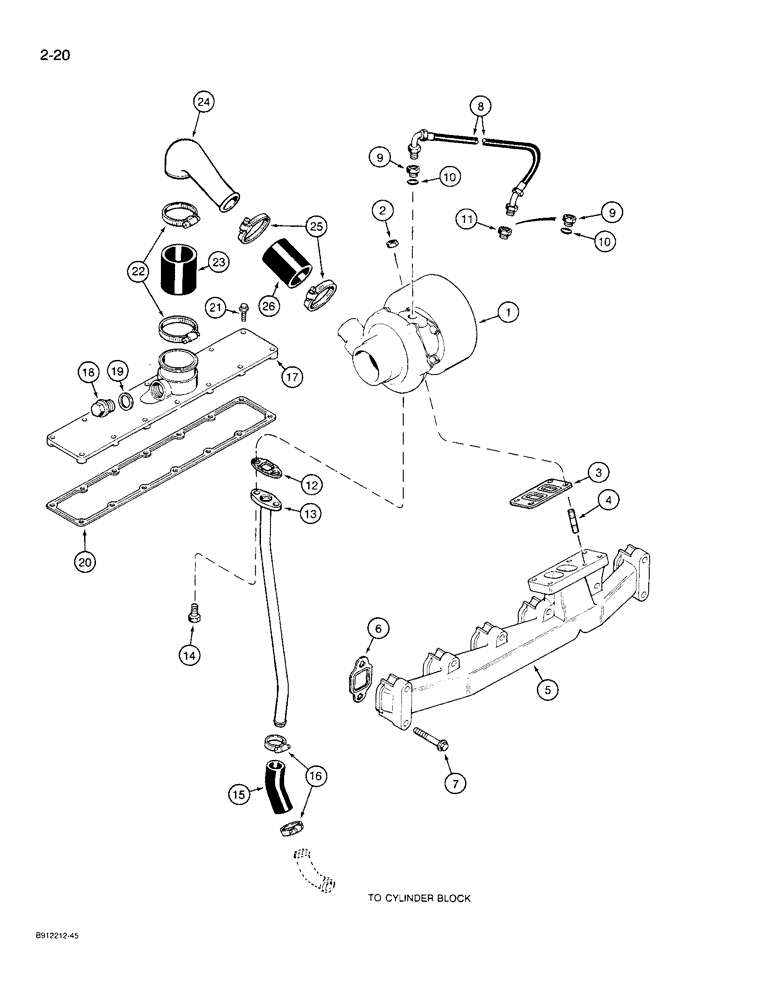 Схема запчастей Case 621 - (2-20) - TURBOCHARGER SYSTEM AND MANIFOLDS, 6T-590 ENGINE (02) - ENGINE