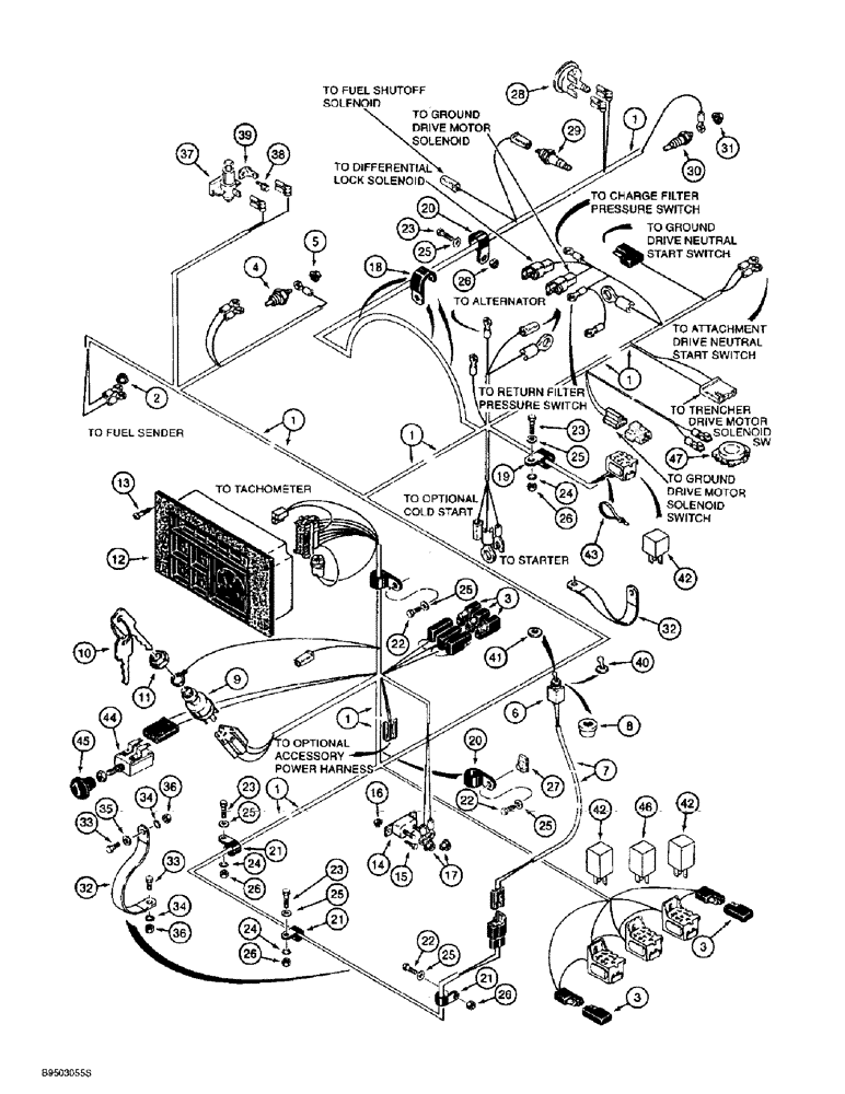 Схема запчастей Case 860 - (4-17E) - MAIN WIRING HARNESS AND CONNECTIONS - WITH HYDRAULIC LOCKING DIFFERENTIAL AND SEAT INTERLOCK (04) - ELECTRICAL SYSTEMS