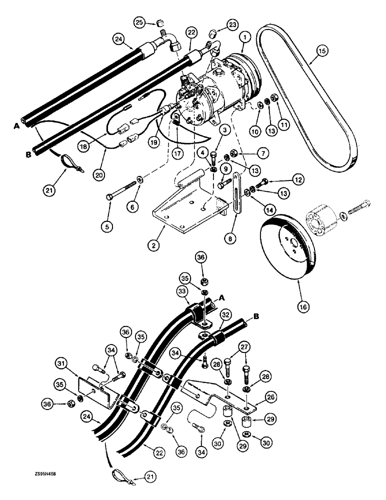 Схема запчастей Case 1150E - (9-120) - AIR CONDITIONING SYSTEM COMPRESSOR AND CONNECTIONS- DOZER MODELS 6-830 ENG (09) - CHASSIS/ATTACHMENTS