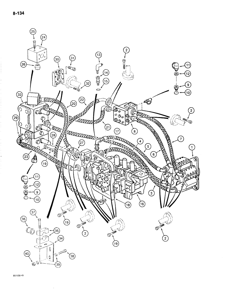 Схема запчастей Case 170B - (8-134) - HYDRAULIC PUMP LINES, HYDRAULIC PUMP TO MAIN CONTROL VALVES, PIN 74341 THRU 74153 & 74354 THRU 74360 (08) - HYDRAULICS