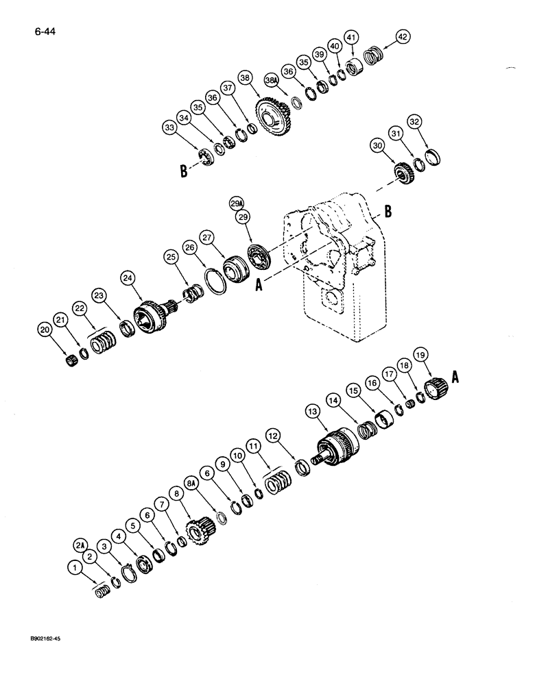 Схема запчастей Case 1085B - (6-044) - TRANS., REV. & SECOND SPEED CLUTCH, FORWARD SPEED CLUTCH GEARS, SHAFTS & BEARINGS (06) - POWER TRAIN