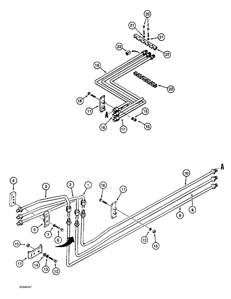 Схема запчастей Case 1155E - (8-040) - DOZER TILT AND PITCH HYDRAULIC CIRCUIT, ANGLE TILT PITCH DOZER MODELS TUBES TO GRILLE (08) - HYDRAULICS