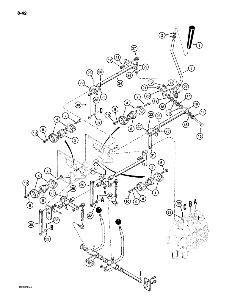 Схема запчастей Case 650 - (8-42) - EQUIPMENT CONTROL VALVE AND LEVERS, THREE LEVERS - FOUR SPOOL VALVE (08) - HYDRAULICS