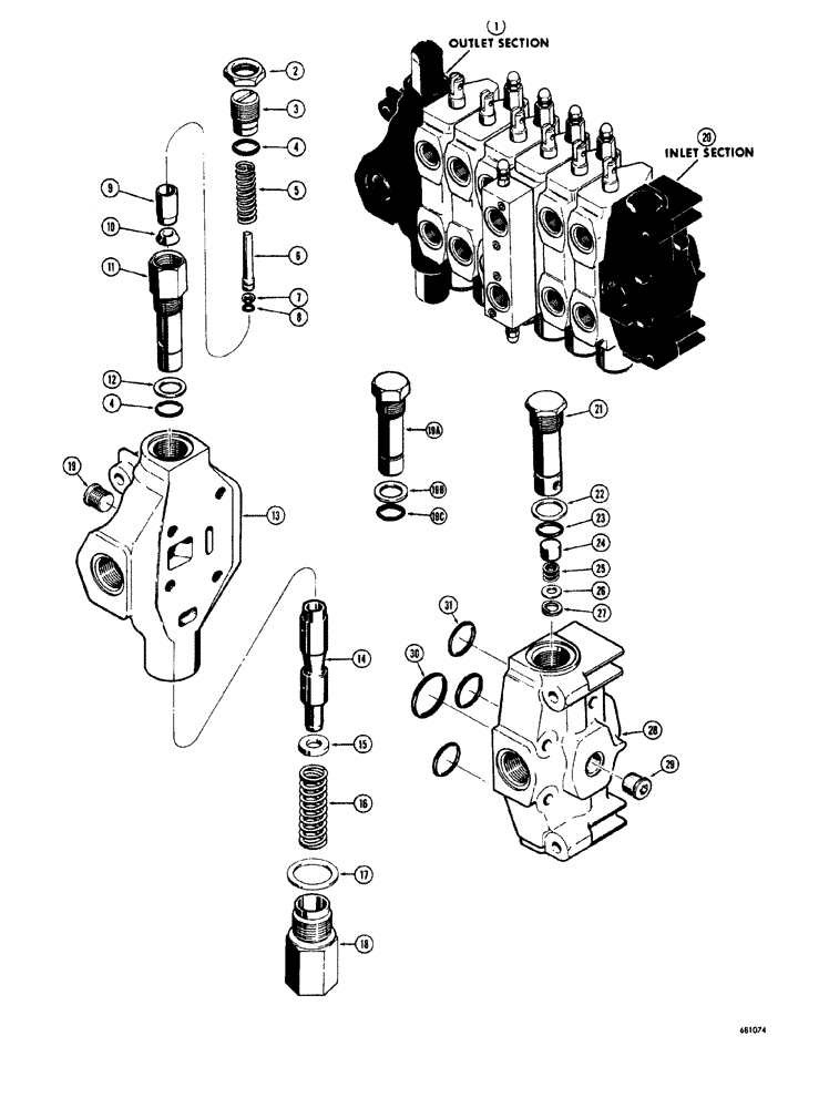 Схема запчастей Case 34 - (190) - BACKHOE OUTLET SECTION AND INLET SECTION 